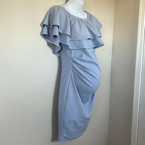 Pinkblush Light Blue Ruffle Off Shoulder Ruched Maternity Mini Dress - Picture 7 of 12